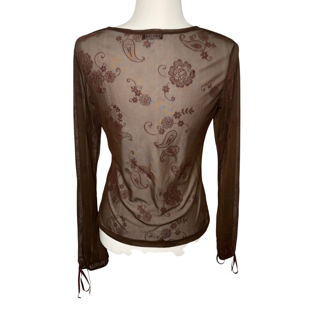 Y2K Wet Seal Brown Sheer Mesh Paisley Floral Tie Cuff Top L Fairy Ethereal - Picture 6 of 10